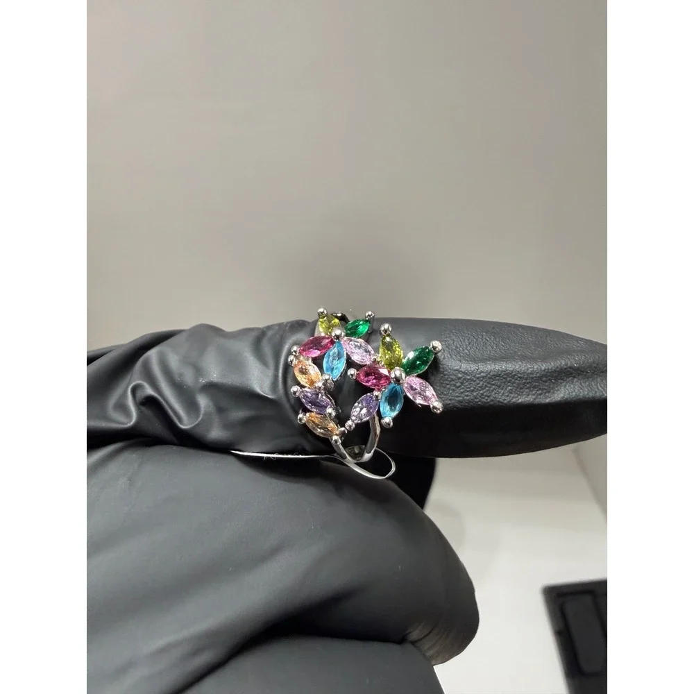 flower ring size 7 vvscz zirconia stone multi color silver filled